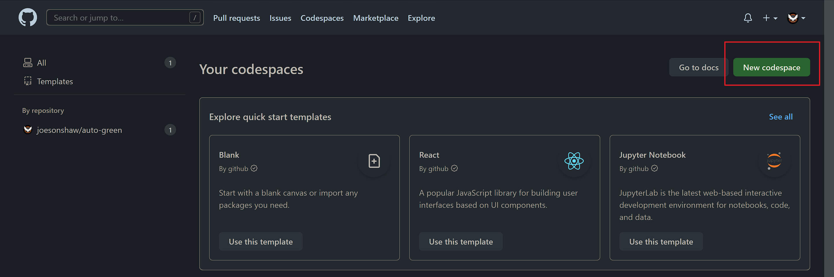 点击创建codespace